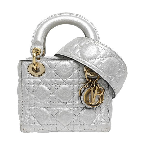 Authenticated pre-owned Lady Dior Mini Cannage Lambskin Silver - Tote Bag at Looply