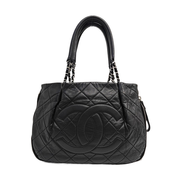Quilted Grained Calfskin Tote Bag Black