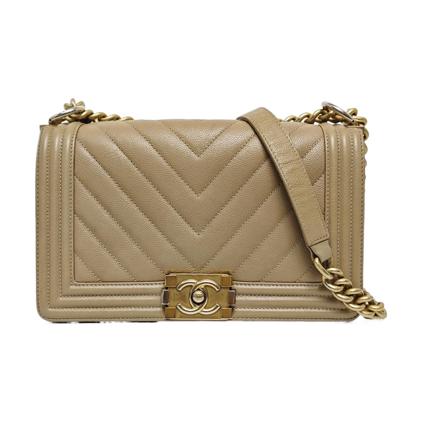 BOY CHANEL Medium Chevron, Quilted Grained Calfskin Beige