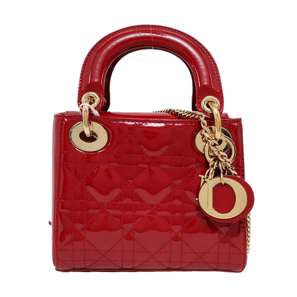 Authenticated pre-owned Lady Dior Mini Quilted Patent Calfskin Red - Tote Bag at Looply