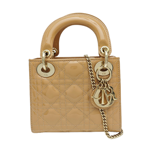 Lady Dior Mini Cannage Patent Leather Beige