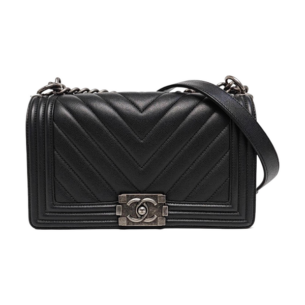BOY CHANEL Medium Chevron, Quilted Grained Calfskin Black
