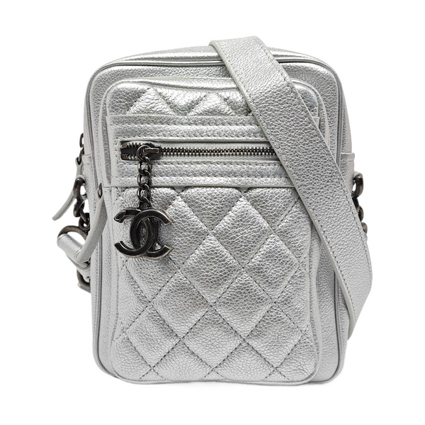 Quilted Grained Calfskin Shoulder Bag Silver