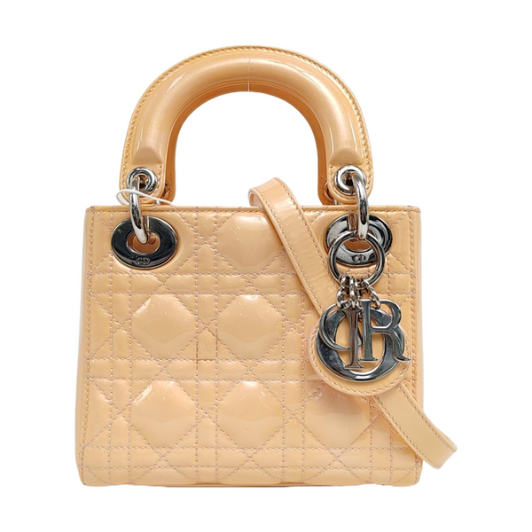Authenticated pre-owned Lady Dior Mini Cannage Patent Leather Beige - Tote Bag at Looply