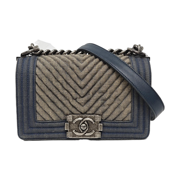 Authenticated pre-owned BOY CHANEL Small Chevron, Quilted Denim Beige - Crossbody Bag at Looply