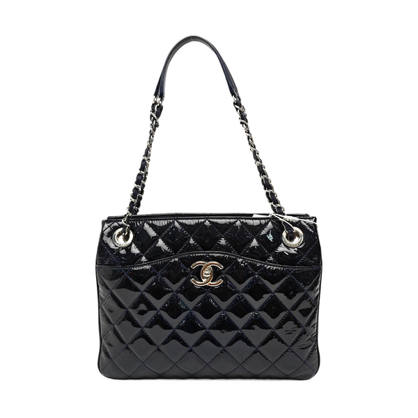 Quilted Patent Leather Top Handle Bag Blue