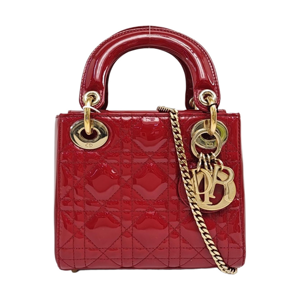 Lady Dior Mini Cannage Patent Calfskin Red