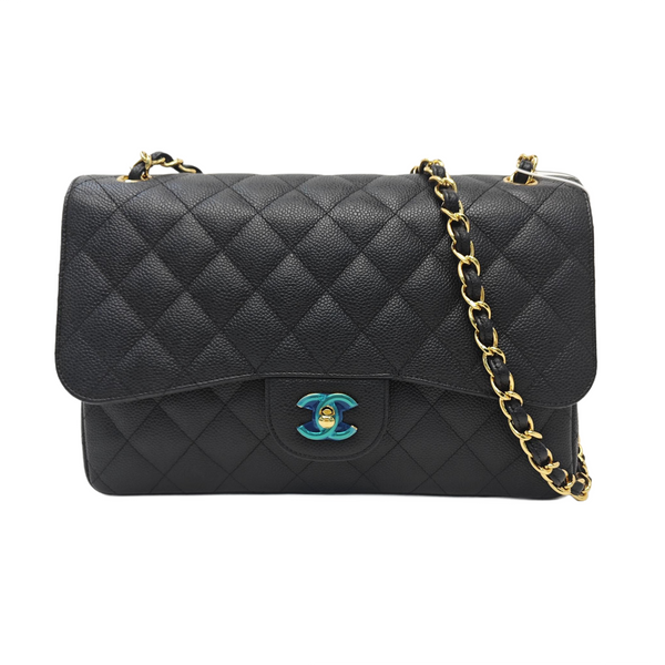 Quilted Grained Calfskin Shoulder Bag Large Black