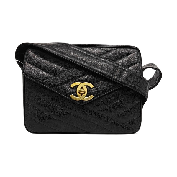 VINTAGE FRONT POCKET CAMERA BAG Quilted Grained Calfskin Black