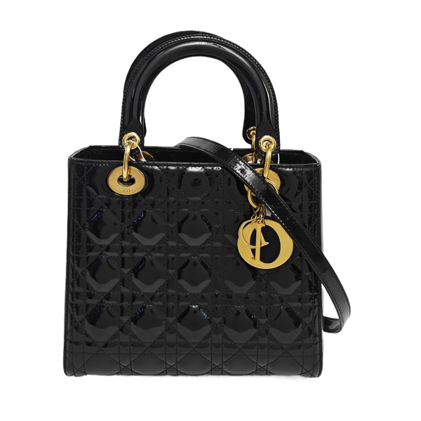Authenticated pre-owned Lady Dior Medium Quilted Patent Leather Black - Tote Bag at Looply