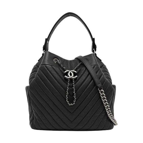 Chevron Deer Leather Shoulder Bag Black