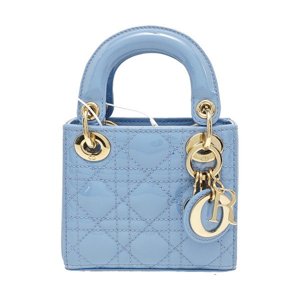 Authenticated pre-owned Lady Dior Super Mini Cannage Patent Leather Blue - Tote Bag at Looply