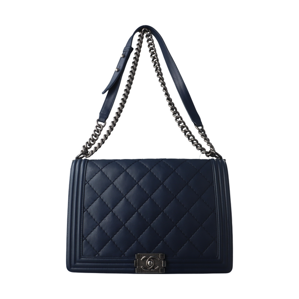 Authenticated pre-owned BOY CHANEL Maxi Quilted Calfskin Blue - Crossbody Bag at Looply