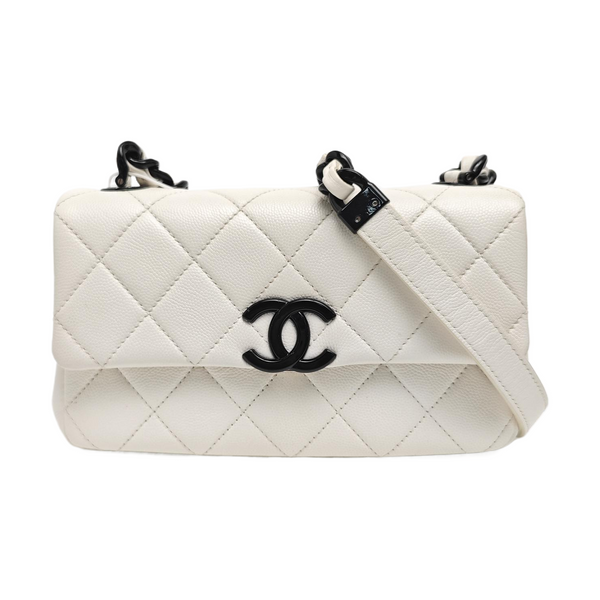Quilted Grained Calfskin Shoulder Bag Small White