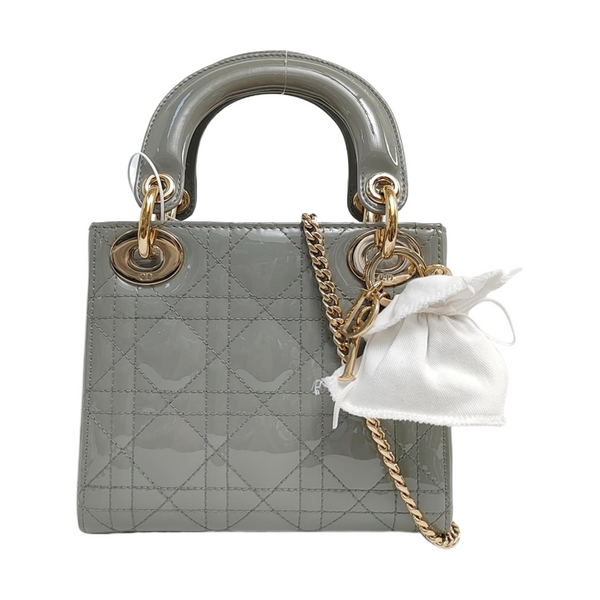 Authenticated pre-owned Lady Dior Mini Quilted Patent Leather Gray - Tote Bag at Looply