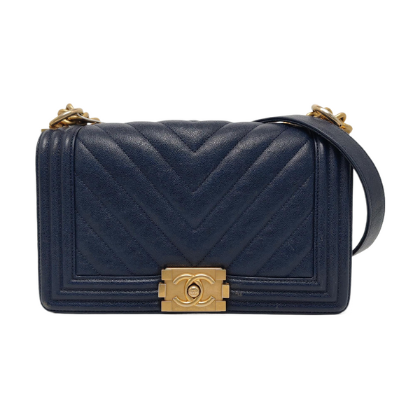 Authenticated pre-owned BOY CHANEL Chevron, Quilted Grained Calfskin Blue - Crossbody Bag at Looply