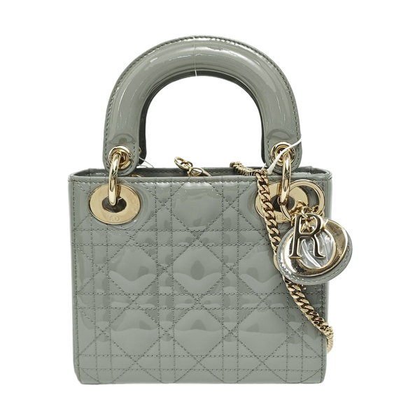 Authenticated pre-owned Lady Dior Mini Quilted Patent Leather Grey - Tote Bag at Looply