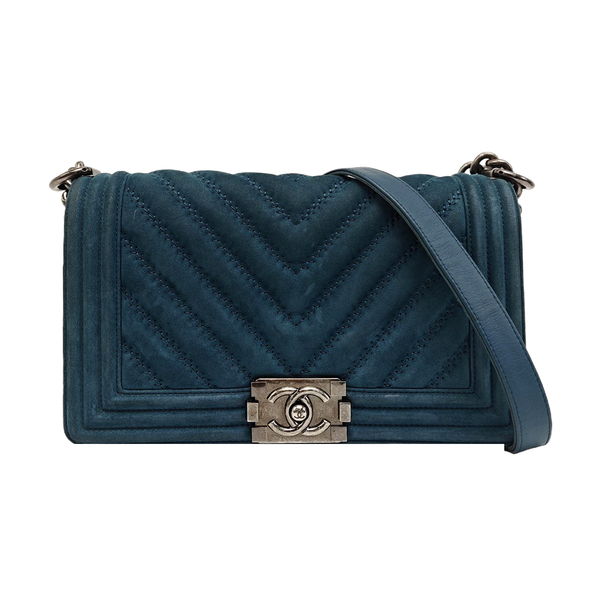 BOY CHANEL Medium Chevron Suede Blue