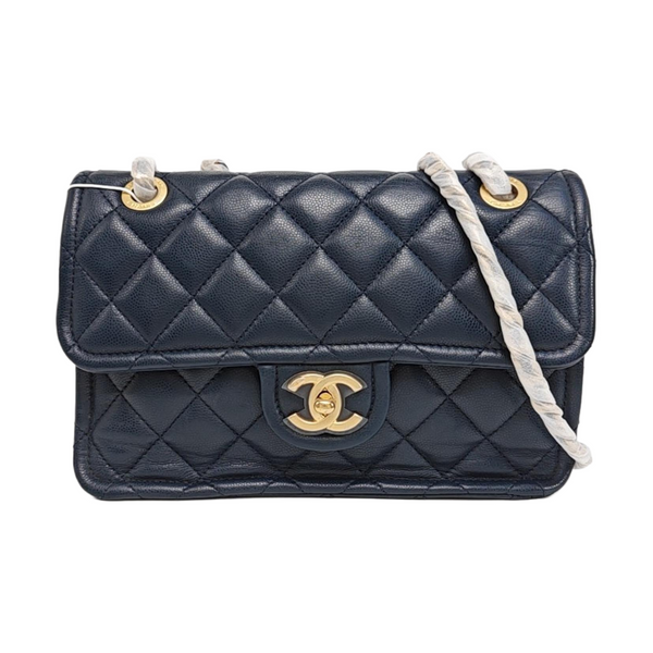Quilted Grained Calfskin Shoulder Bag Medium Blue