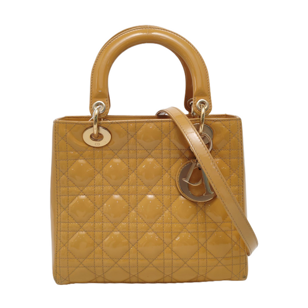 Authenticated pre-owned Lady Dior Medium Quilted Patent Leather Yellow - Shoulder Bag at Looply