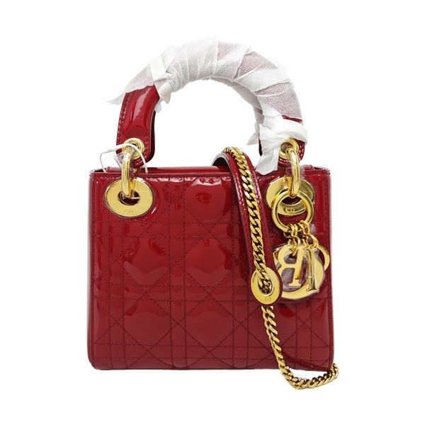 Lady Dior Mini Cannage Patent Calfskin Red