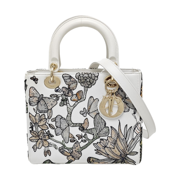 Authenticated pre-owned Lady Dior Medium Calfskin White - Tote Bag at Looply