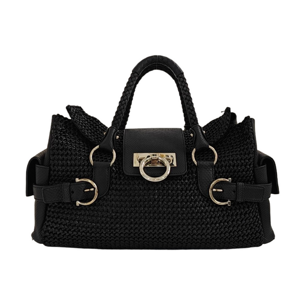 Straw Top Handle Bag Black