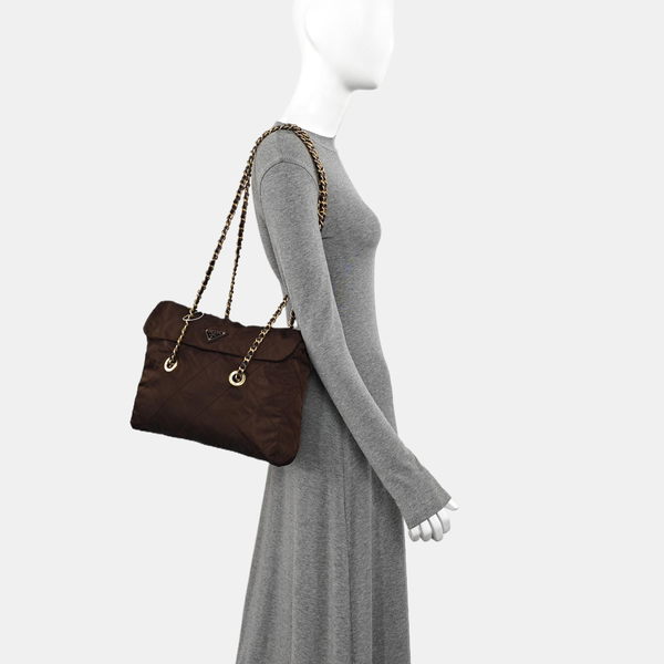 Quilted Nylon Shoulder Bag Brown