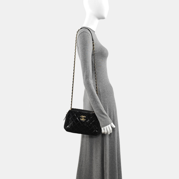 Quilted Patent Leather Shoulder Bag Black