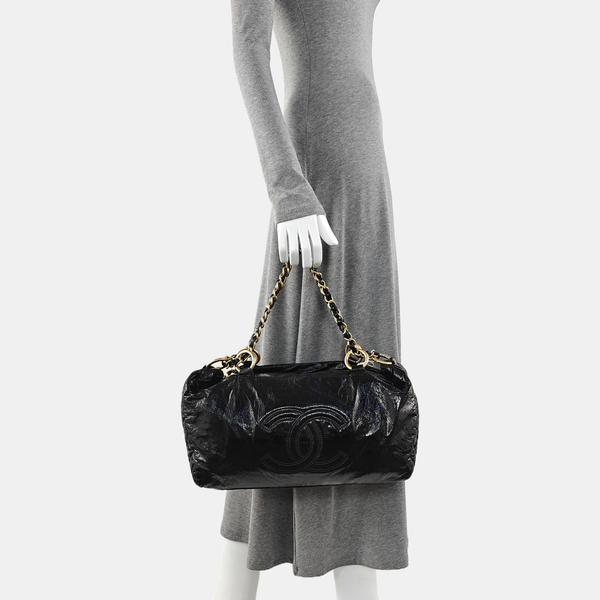 Quilted Patent Leather Top Handle Bag Black