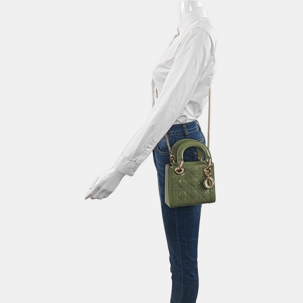 Authenticated pre-owned Lady Dior Mini Quilted Patent Calfskin Green - Tote Bag at Looply