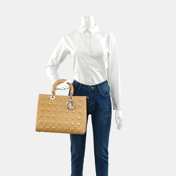 Authenticated pre-owned Lady Dior Large Cannage Patent Leather Yellow - Tote Bag at Looply