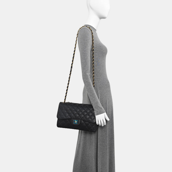 Quilted Grained Calfskin Shoulder Bag Large Black