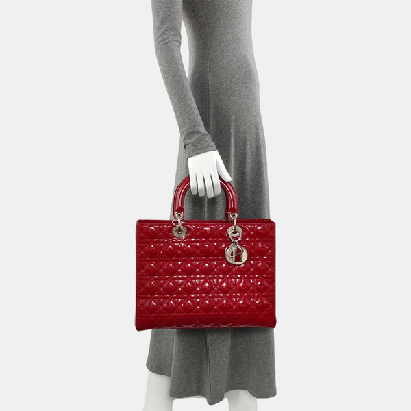 Authenticated pre-owned Lady Dior Large Cannage Patent Leather Red - Tote Bag at Looply