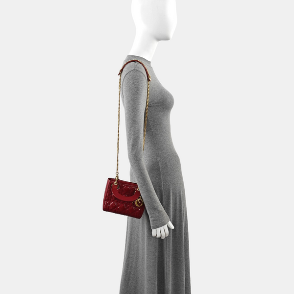 Lady Dior Mini Cannage Patent Calfskin Red