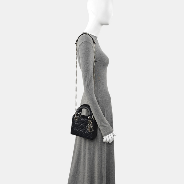 Authenticated pre-owned Lady Dior Mini Quilted Lambskin Black - Tote Bag at Looply