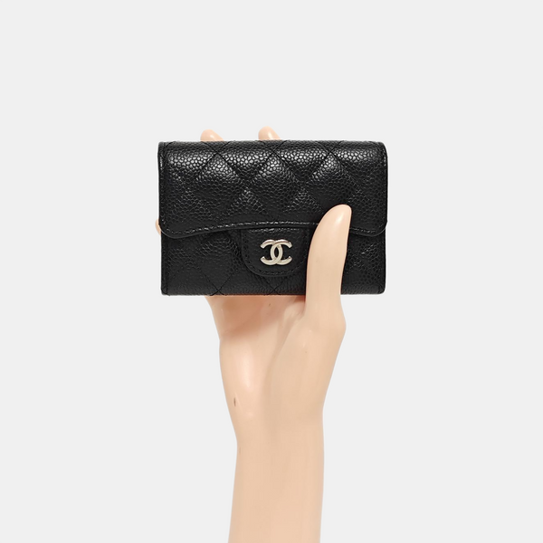 Quilted Grained Calfskin Card Holder Black