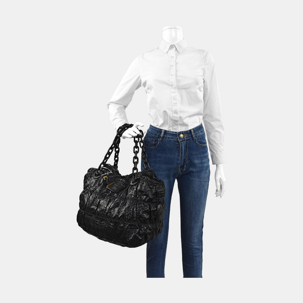 Quilted Patent Leather Shoulder Bag Black