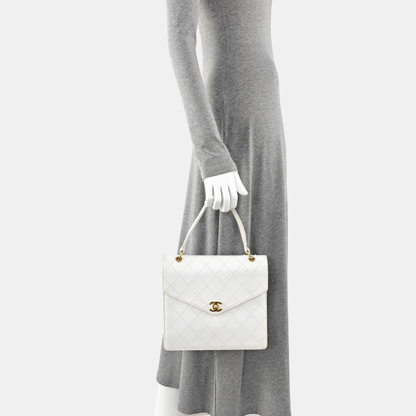 Quilted Grained Calfskin Top Handle Bag White