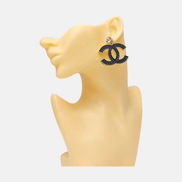 CC Logo Metal Black Clip On Earrings