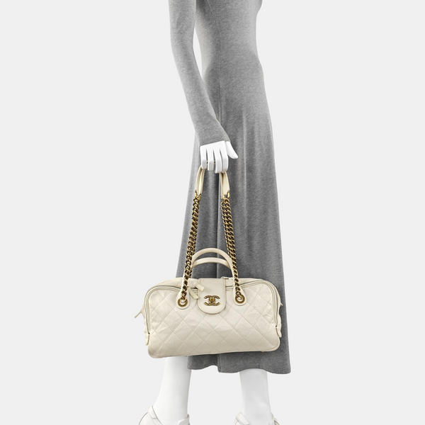 Quilted Grained Calfskin Shoulder Bag White