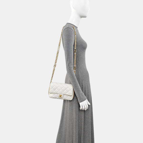 Quilted Grained Calfskin Shoulder Bag White