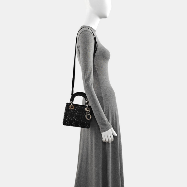 Authenticated pre-owned Lady Dior Mini Cannage Silk Satin Black - Tote Bag at Looply