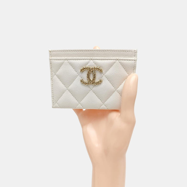 CHANEL 19 Small Quilted Grained Calfskin White Card Holder