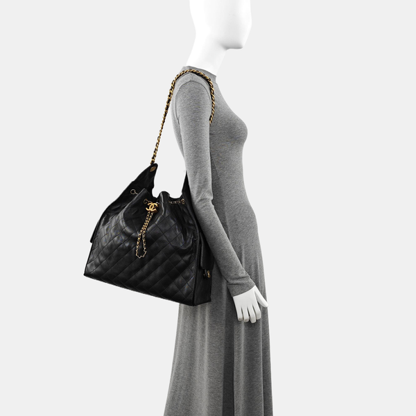CHANEL 25 Large Quilted Grained Calfskin Black