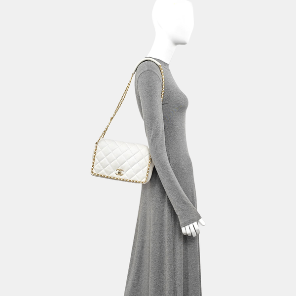 Quilted Grained Calfskin Shoulder Bag Large White
