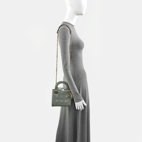 Authenticated pre-owned Lady Dior Mini Quilted Patent Leather Grey - Tote Bag at Looply