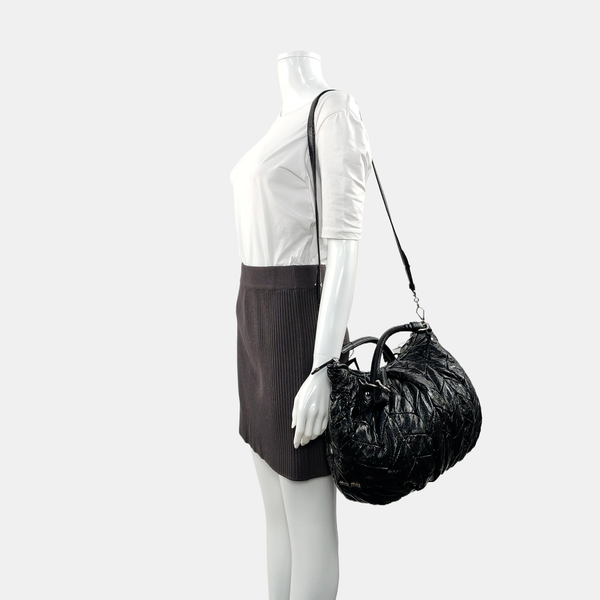 Quilted Patent Leather Tote Bag Black