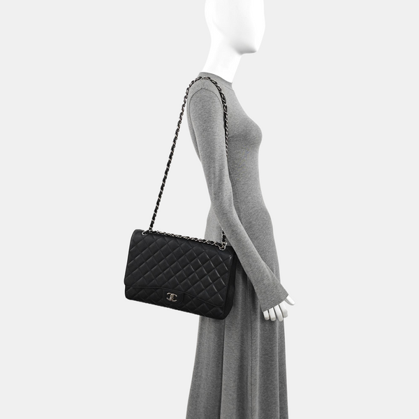 Quilted Grained Calfskin Shoulder Bag Large Black