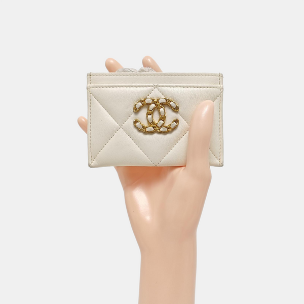 Authenticated pre-owned CHANEL 19 Quilted Lambskin White Card Holder - Card Holder at Looply
